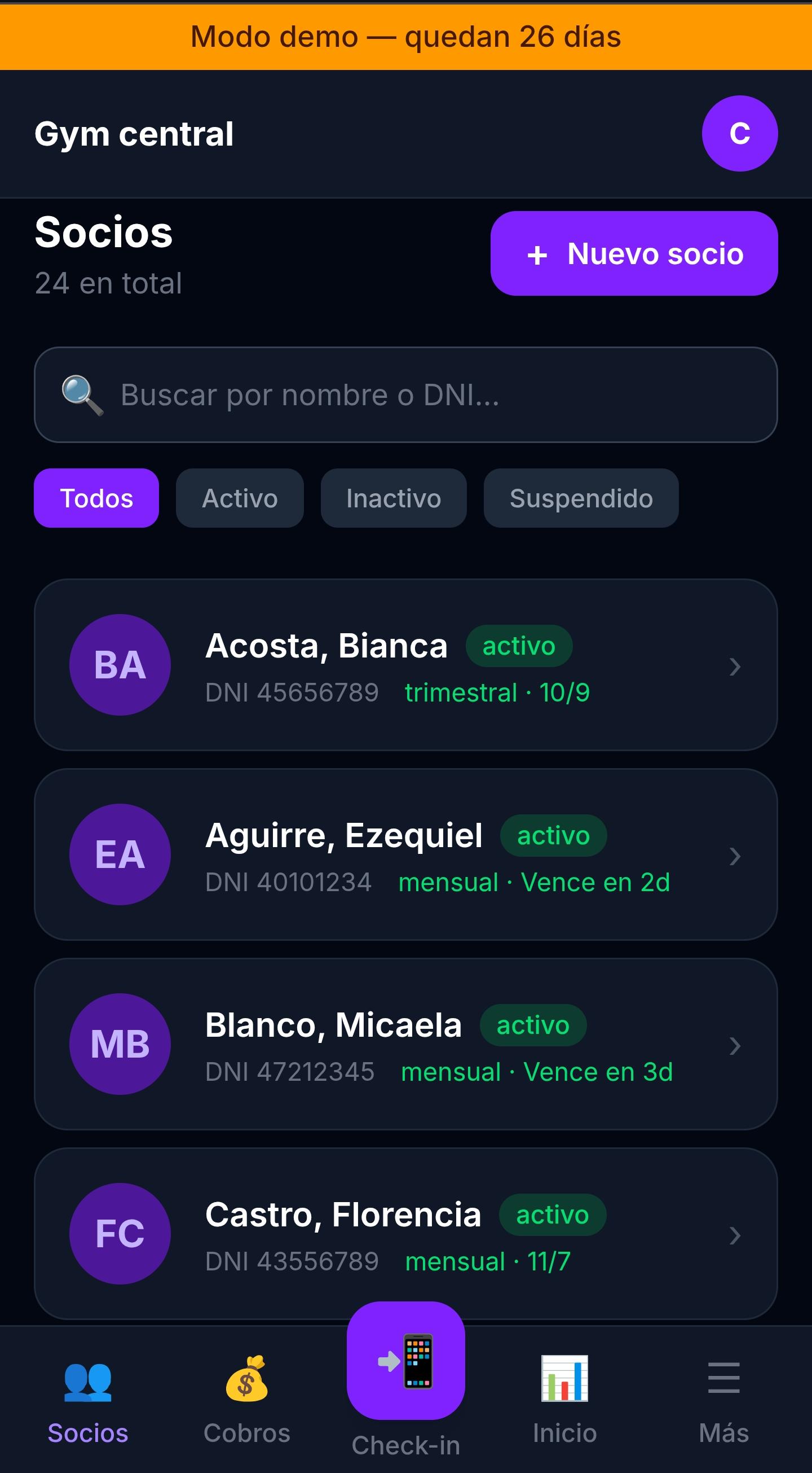 App Membresías pantalla 2